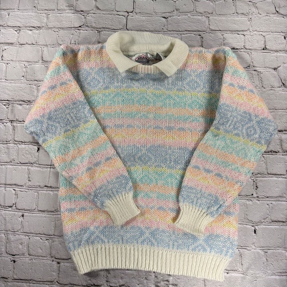 VTG 80s Helium Pastel Geometric Collared Knit Sweater Size Small  D